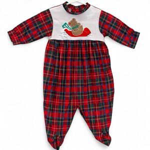 Vintage Little Me Smocked Christmas Teddy Bear Footie Sleeper Outfit Plaid 3-6 M